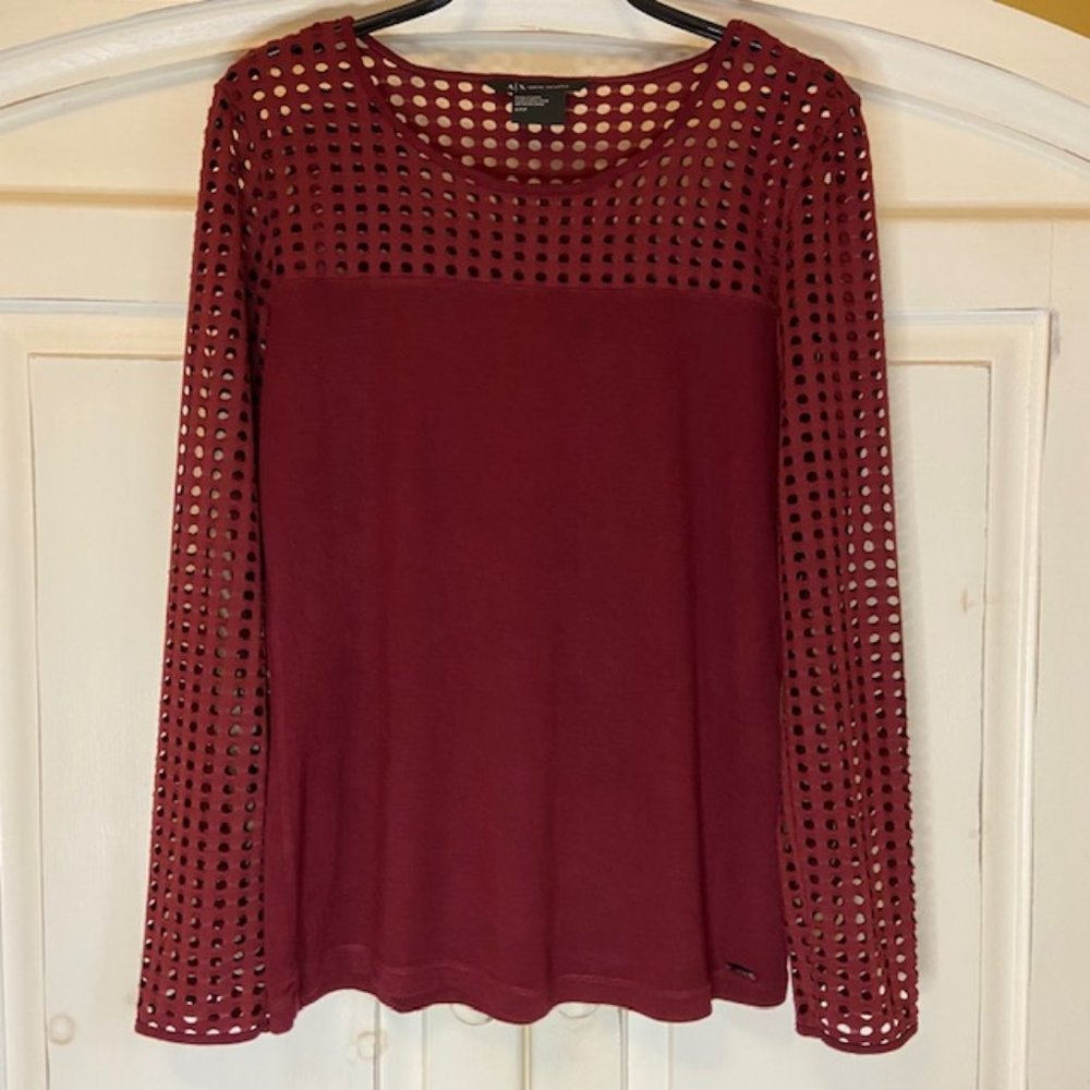 Armani Exchange Cut Out Long-Sleeve Top in Burgundy